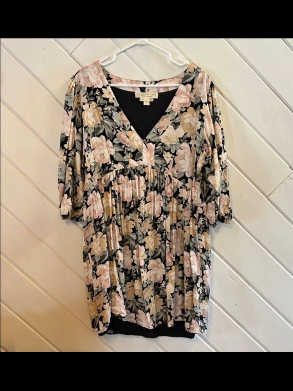 saltwater LUXE Black Floral V-Neck Mini Dress with Pink & Cream Blooms